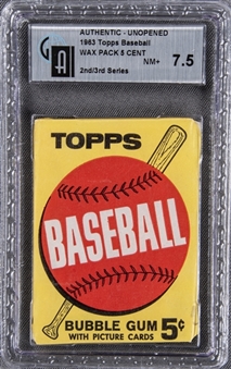 1963 Topps Baseball 2nd/3rd Series Unopened Five-Cent Wax Pack - GAI NM+ 7.5